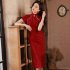Women Elegant Retro Cheongsam Dress With Pearl Tassel Decoration High Split Chinese Traditional Party Costume wine red XXXL