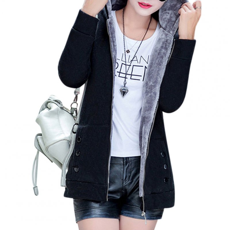 Women Fashion Autumn Winter Thicken Hooded Coat Solid Color Soft Cotton Hoodie black_XXL