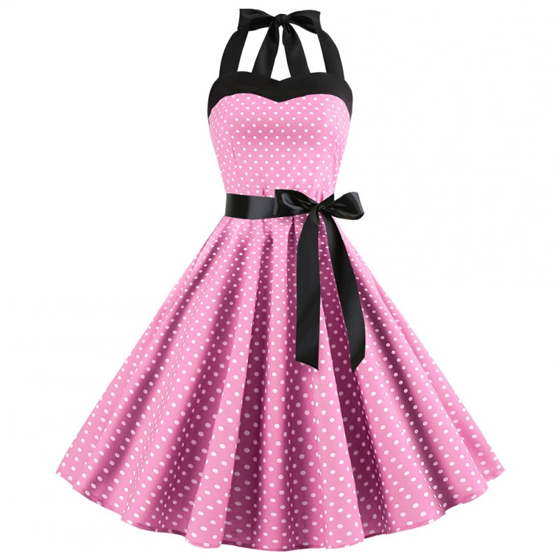 Women Fashion Bright Dot Pattern Strapless Large Hem Dress Pink_S
