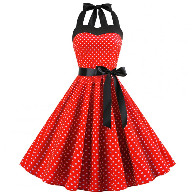 Women Fashion Bright Dot Pattern Strapless Large Hem Dress red_L