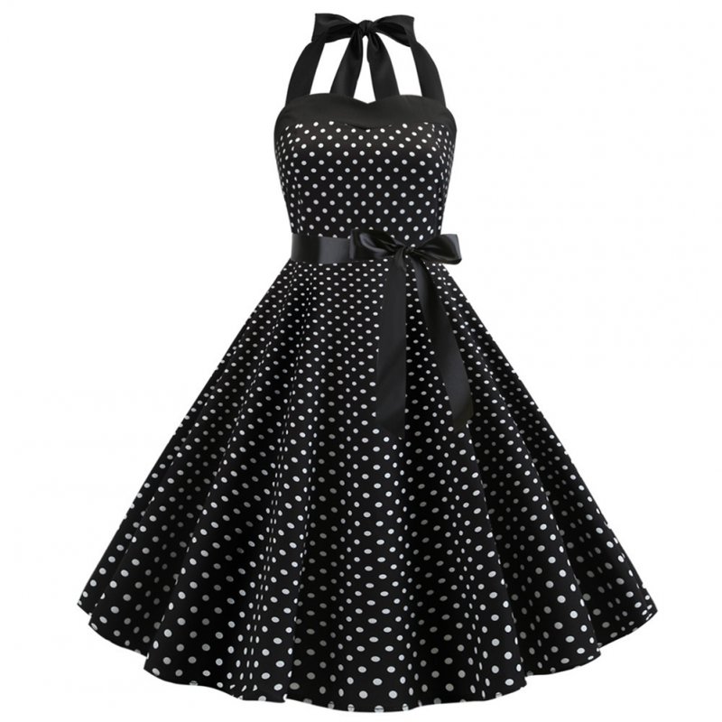 Women Fashion Bright Dot Pattern Strapless Large Hem Dress black_L