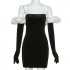Women Fashion Dress Sexy Off Shoulder High Waist Puff Sleeves Bodycon Skirt Sleeveless Solid Color Slim Fit Short Skirt black M