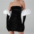 Women Fashion Dress Sexy Off Shoulder High Waist Puff Sleeves Bodycon Skirt Sleeveless Solid Color Slim Fit Short Skirt black M