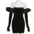Women Fashion Dress Sexy Off Shoulder High Waist Puff Sleeves Bodycon Skirt Sleeveless Solid Color Slim Fit Short Skirt black M