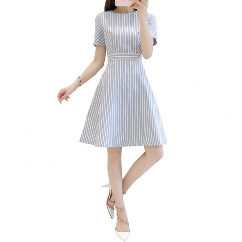 Women Fashion Elegant Round Neck Short Sleeve Stripe A-line Dress Photo Color_M