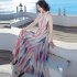 Women Fashion Elegant Stripe Long Dress Casual Sleeveless Bohemia Style Beach Skirt
