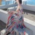 Women Fashion Elegant Stripe Long Dress Casual Sleeveless Bohemia Style Beach Skirt