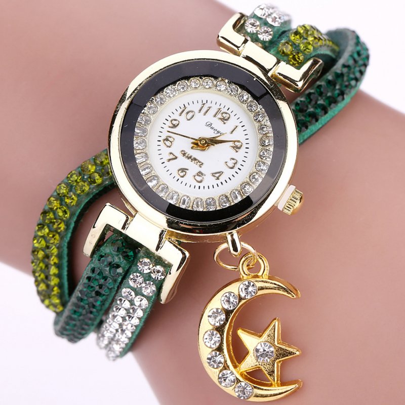 Women Fashion Exquisite Rhinestone Quartz Watch Creative Star Moon Pendant Bracelet Decoration