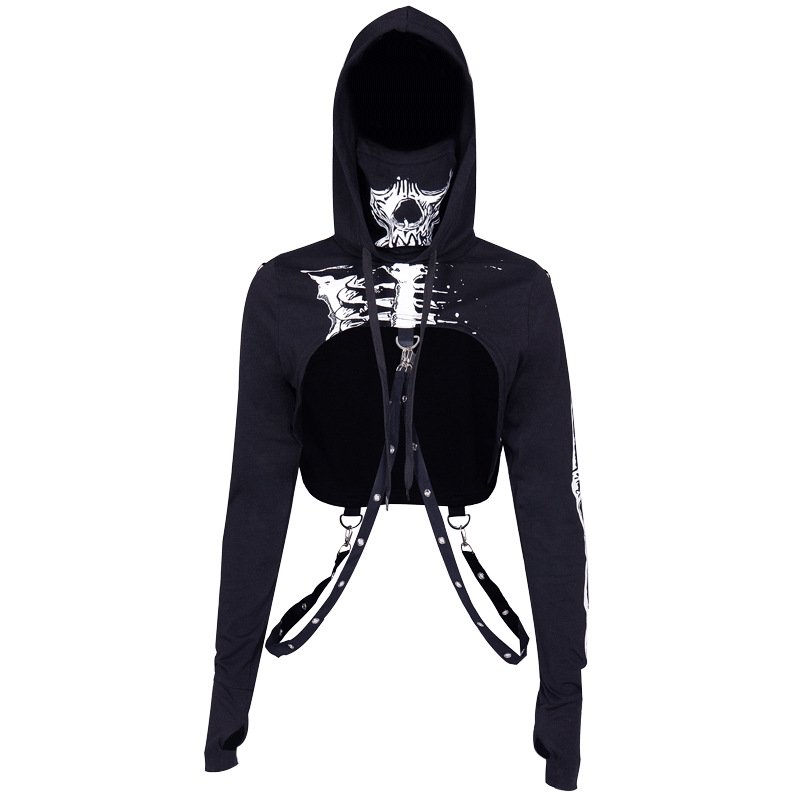 Women Fashion Halloween Series Street Style Skull Printing Hooded Sweatshirts black_L