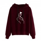 Women Fashion Heart shaped Hand Printing Loose Casual Hoodies Wine red M
