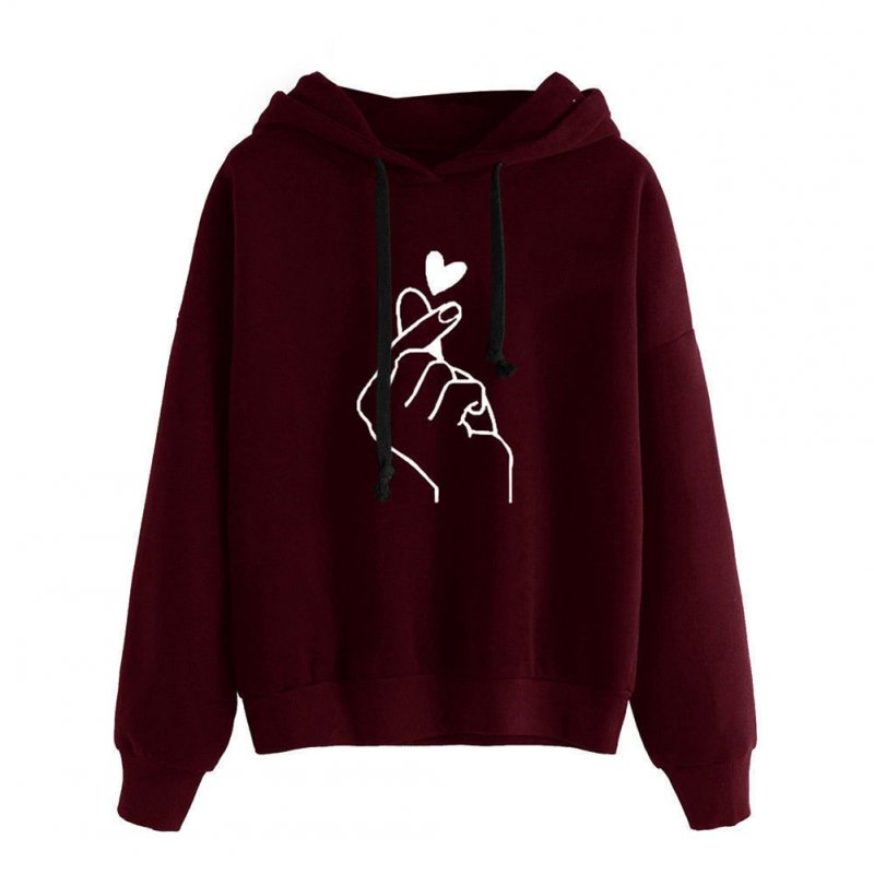 Women Fashion Heart-shaped Hand Printing Loose Casual Hoodies Wine red_M