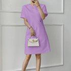 Women Fashion Loose Dress Short Sleeve Round Neck Solid Color Relaxed-fit Mid Length Skirt Light purple S