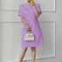 Women Fashion Loose Dress Short Sleeve Round Neck Solid Color Relaxed fit Mid Length Skirt Light purple XXXL