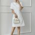 Women Fashion Loose Dress Short Sleeve Round Neck Solid Color Relaxed fit Mid Length Skirt White XL