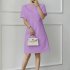 Women Fashion Loose Dress Short Sleeve Round Neck Solid Color Relaxed fit Mid Length Skirt Pink L