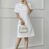 Women Fashion Loose Dress Short Sleeve Round Neck Solid Color Relaxed fit Mid Length Skirt Pink L