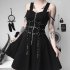 Women Fashion PU Belt Zipper Pleated A Line Street Style Dress for Halloween black S