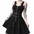 Women Fashion PU Belt Zipper Pleated A Line Street Style Dress for Halloween black S