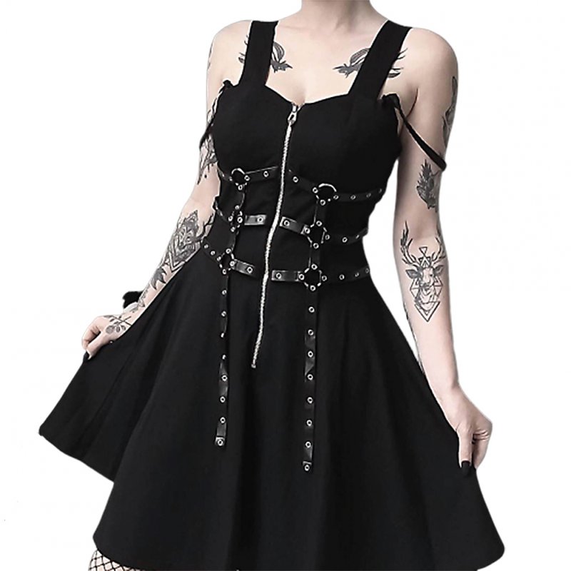 Women Fashion PU Belt Zipper Pleated A Line Street Style Dress for Halloween black_S