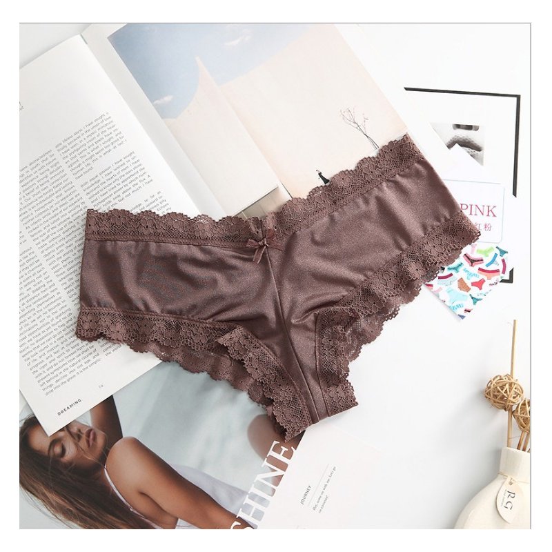 Women Fashion Panties Sexy Low-waist Lace Underwear Simple Solid Color Ice Silk Briefs Breathable Underpants coffee color L