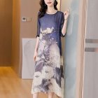 Women Fashion Printing Dress Summer Ice Silk Short Sleeves Midi Skirt Round Neck Elegant A-line Skirt  blue 4XL