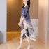 Women Fashion Printing Dress Summer Ice Silk Short Sleeves Midi Skirt Round Neck Elegant A line Skirt  blue 3XL