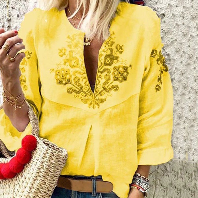 Women Fashion Printing Embroidered Shirt All Matching Soft Cotton Shirt yellow_M