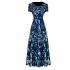 Women Fashion Sexy Bohemian Style Flower Printing Short Sleeve Long A line Dress blue M