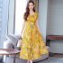 Women Fashion Sexy Bohemian Style Flower Printing Short Sleeve Long A line Dress yellow XXL