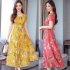 Women Fashion Sexy Bohemian Style Flower Printing Short Sleeve Long A line Dress yellow XXL