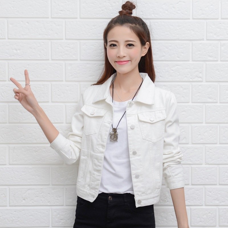 Women Fashion Slim Fit Solid Color Denim Jacket Long Sleeves Tops white_L