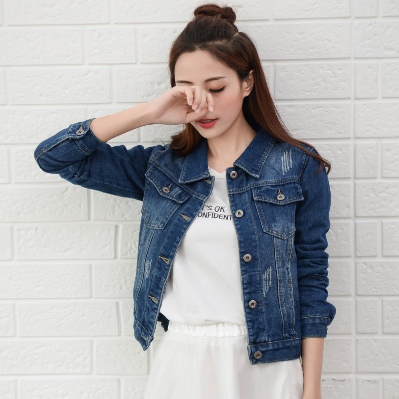 Women Fashion Slim Fit Solid Color Denim Jacket Long Sleeves Tops Dark blue_XL