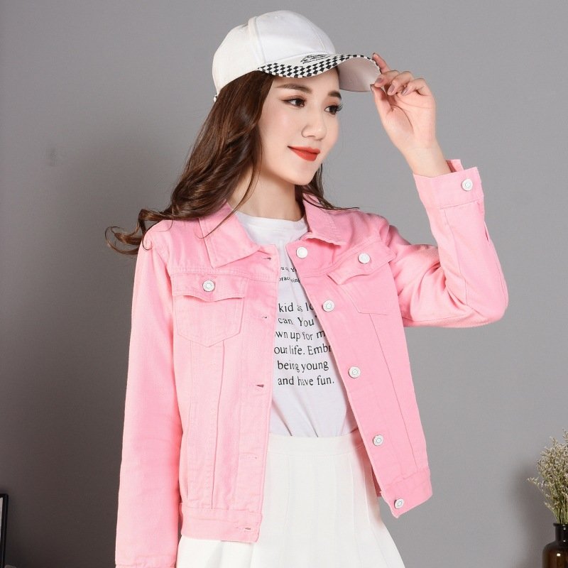 Women Fashion Slim Fit Solid Color Denim Jacket Long Sleeves Tops Pink_L