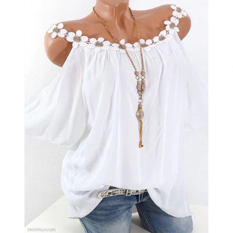 Women Fashion Sling Tops Off Shoulder Flower Solid Color Casual Shirts  white_S