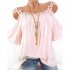 Women Fashion Sling Tops Off Shoulder Flower Solid Color Casual Shirts  Pink 2XL