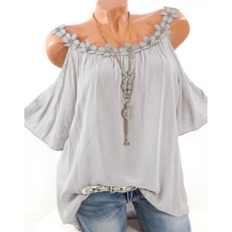 Women Fashion Sling Tops Off Shoulder Flower Solid Color Casual Shirts  gray_M