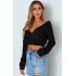 Women Fashion Solid Color Long Sleeve Sweatshirt Sexy V neck Chic Short Tops