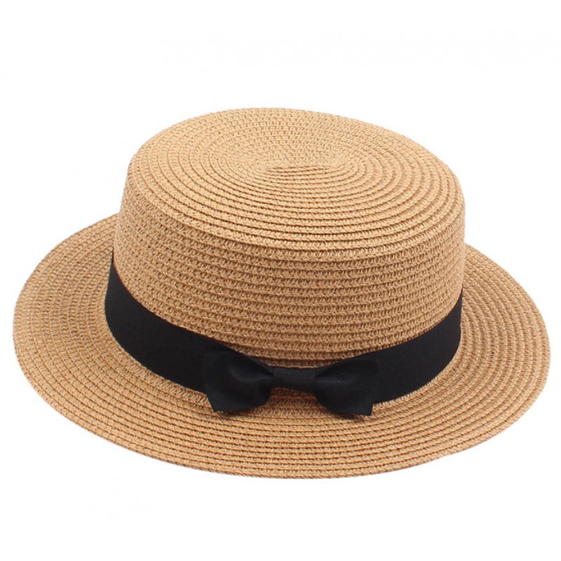 Wholesale Women Fashion Straw Hat Retro Bowknot Flat Top Hat Sunshade