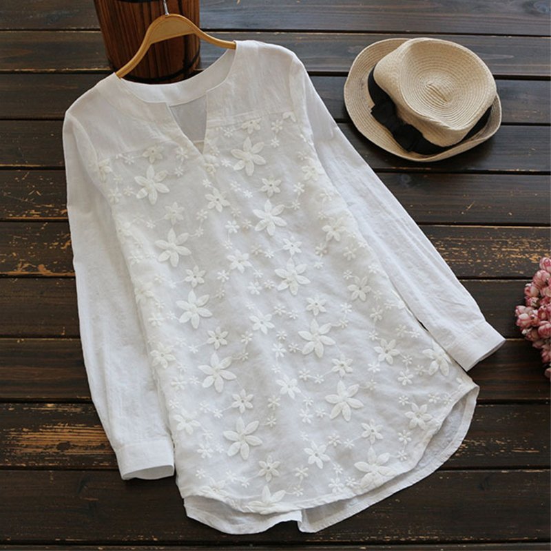 Women Fashion V Neck Lace Embroidered Long-sleeved Shirt