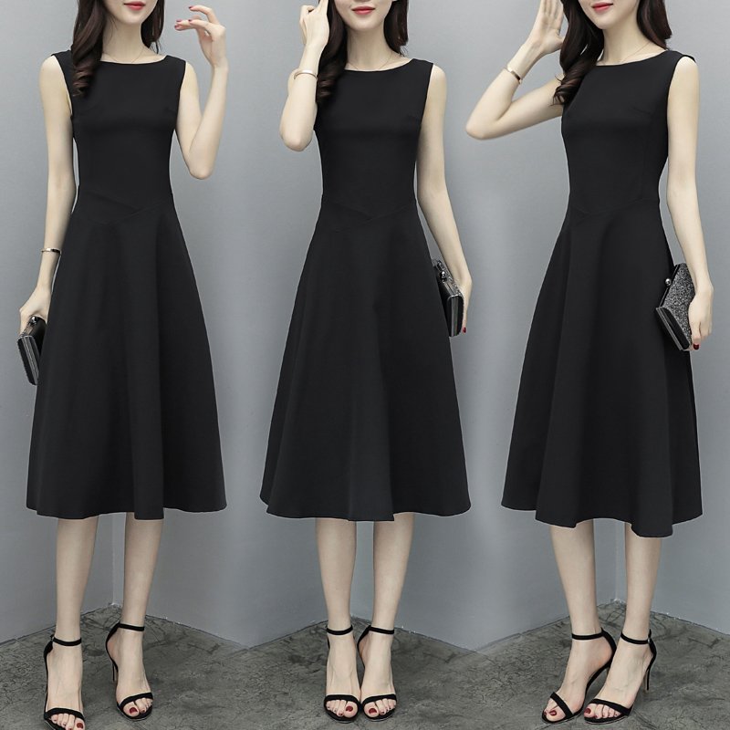 Women Fashion Waisted A-line Solid Color Sleeveless Dress black_XXXL