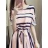 Women Fashionable Dress Graceful Striped Drawstring Waist Dress   Pink M