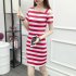 Women Fashionable Slim Design Delicate Stripe Printing Pullover Dress Off shoulder Dress  white XL