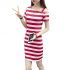 Women Fashionable Slim Design Delicate Stripe Printing Pullover Dress Off shoulder Dress  red L