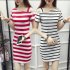 Women Fashionable Slim Design Delicate Stripe Printing Pullover Dress Off shoulder Dress  white M