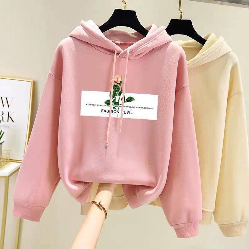 Women Fleece Lined Long-Sleeved Thicken Hoodie for Students in Autumn Winter Pink_L