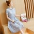 Women Floral Belt Short Sleeve Stand Collar Casual Dress for Pregnant  red L