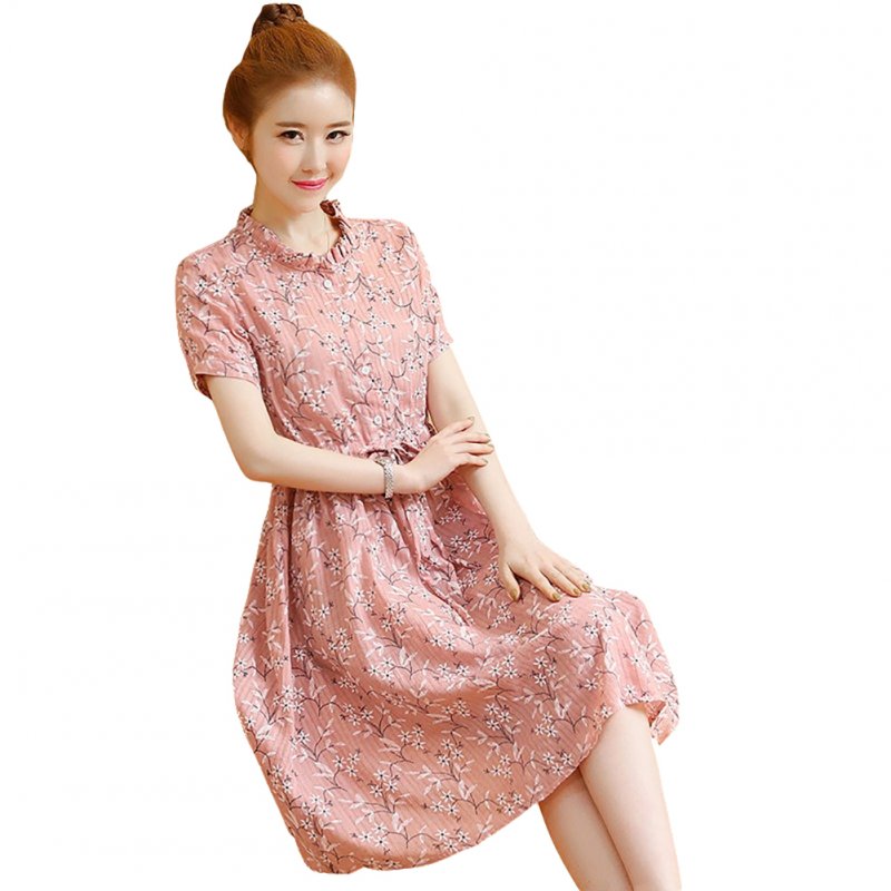 Women Floral Belt Short-Sleeve Stand Collar Casual Dress for Pregnant  red_L