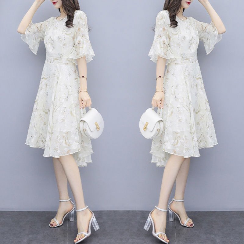 Women Floral Chiffon Dress V-collar Loose Waist Medium Fashion Dress apricot_3XL