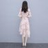 Women Floral Chiffon Dress V collar Loose Waist Medium Fashion Dress Pink L