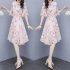 Women Floral Chiffon Dress V collar Loose Waist Medium Fashion Dress Pink 3XL